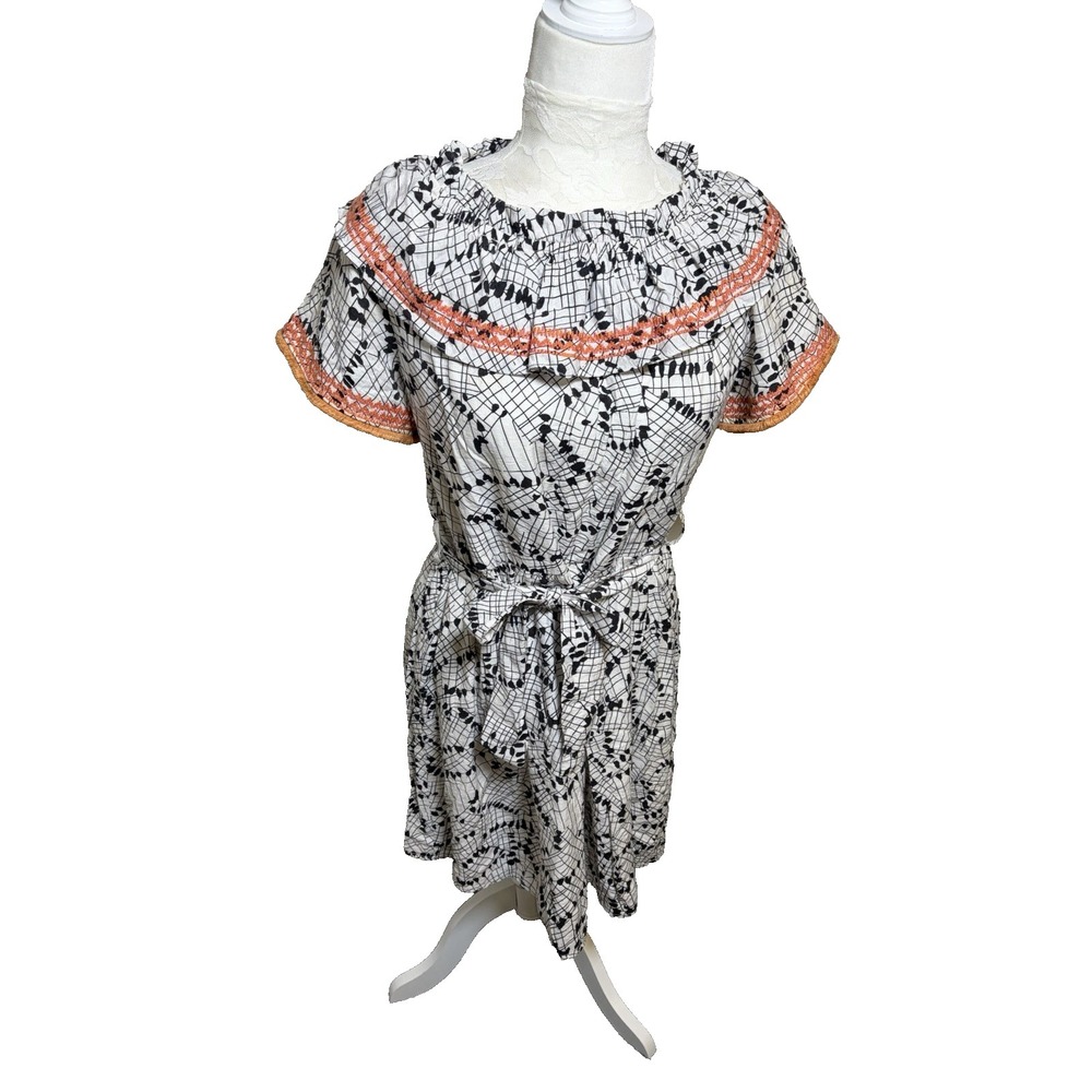 THML Anthropologie Peasant Mini Dress~M~Black & White Peach Embroidery Waist Tie